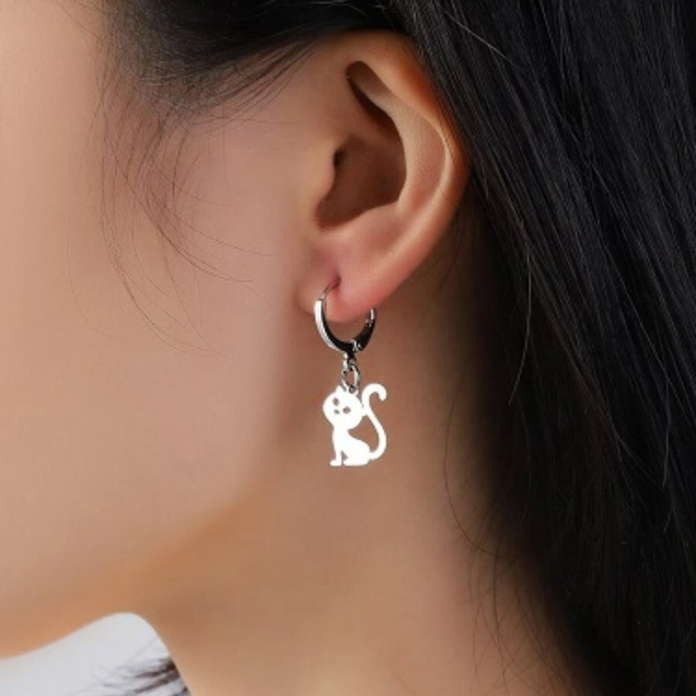 **EARRINGS ONLY** Stainless Steel Silver Cat Drop Earrings